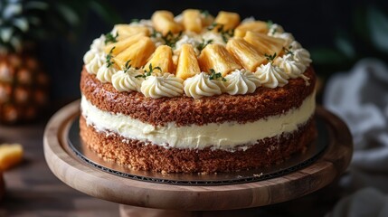 Delicious two-layer pineapple cake with creamy frosting and pineapple slices on top sits on a wooden cake stand