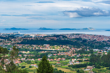 Panoramic view of Vigo and the Cies Islands, Pontevedra, Galicia.