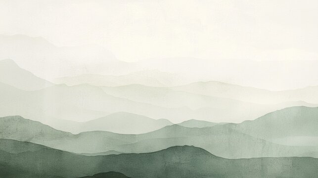 Fototapeta Abstract minimalist landscape painting with green watercolor mountains fading into a white background. Soothing and calming image, perfect for wall art or as a background for your designs