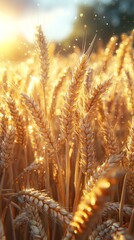 Sunlit field of golden wheat swaying gently, covered in sparkling dust particles, creating a warm and serene atmosphere