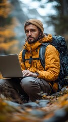 Fototapeta premium Man wearing a yellow jacket and brown beanie is using a laptop while seated outdoors in a forested area