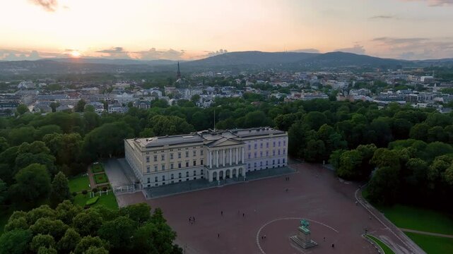 4K aerial video of the Royal Palace (Det kongelige slott) and Statue of King Karl Johan Oslo. In the background the castle park. Oslo, Norway.