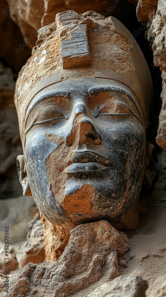 Wall mural Large, ancient stone statue head partially covered in rock and sand, possibly depicting an Egyptian pharaoh