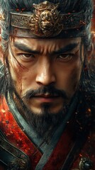 Fierce warrior wearing a crown and traditional armor stares intensely, with battle scars on his face and fiery surroundings
