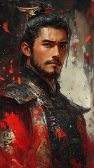 Fierce warrior in traditional armor with a stern expression, surrounded by dynamic red and black brushstrokes, exudes strength