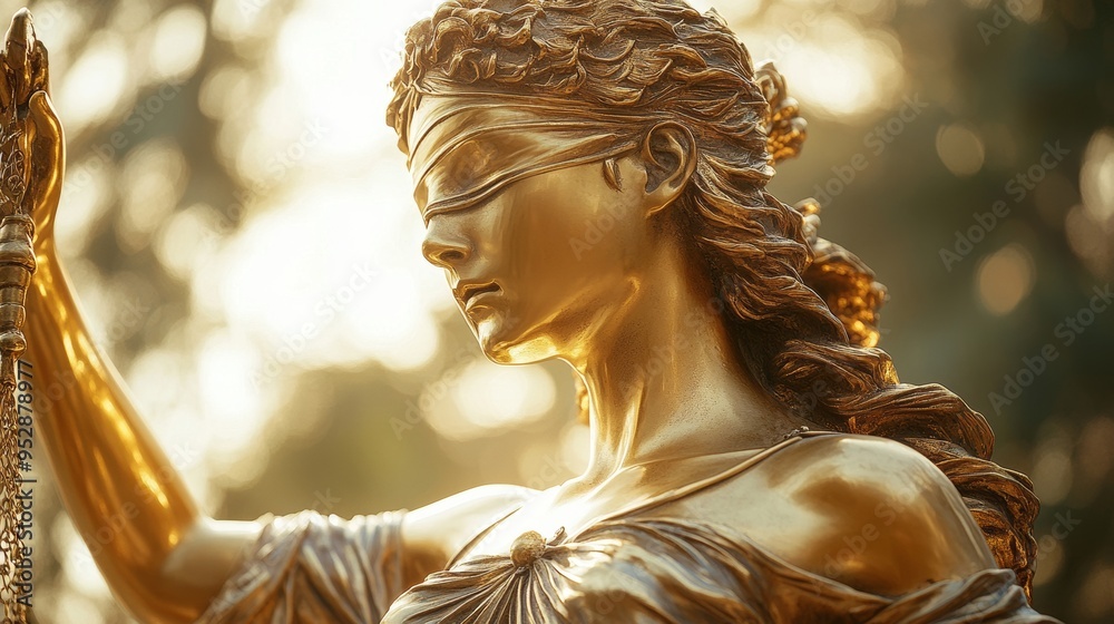 Wall mural Golden statue of a blindfolded woman holding scales, symbolizing justice, against a blurred natural background