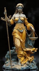Obraz premium Detailed, colorful statue of a blindfolded Lady Justice holding scales in her left hand and a sword in her right