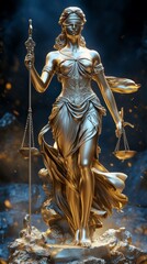 Golden statue of Lady Justice, blindfolded, holding a sword and scales against a dramatic, smoky background