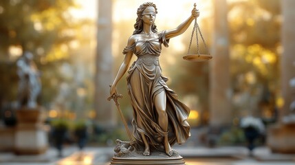 Statue of Lady Justice holding scales and a sword, with a blurred outdoor background in sunlight