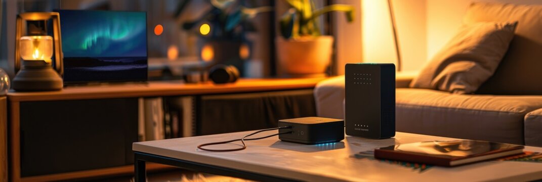 Portable power station charging a gadget in a living room setting.