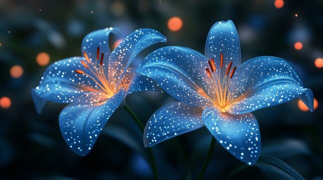 Image features two luminous blue flowers with glowing orange centers, set against a dark background dotted with light orbs - Powered by Adobe