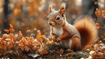 Obraz premium Small, adorable squirrel with bushy tail is sitting amidst autumn foliage, surrounded by vibrant orange and brown leaves