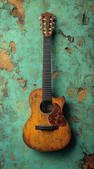 Weathered acoustic guitar with a worn finish hangs against a textured and peeling turquoise wall,...