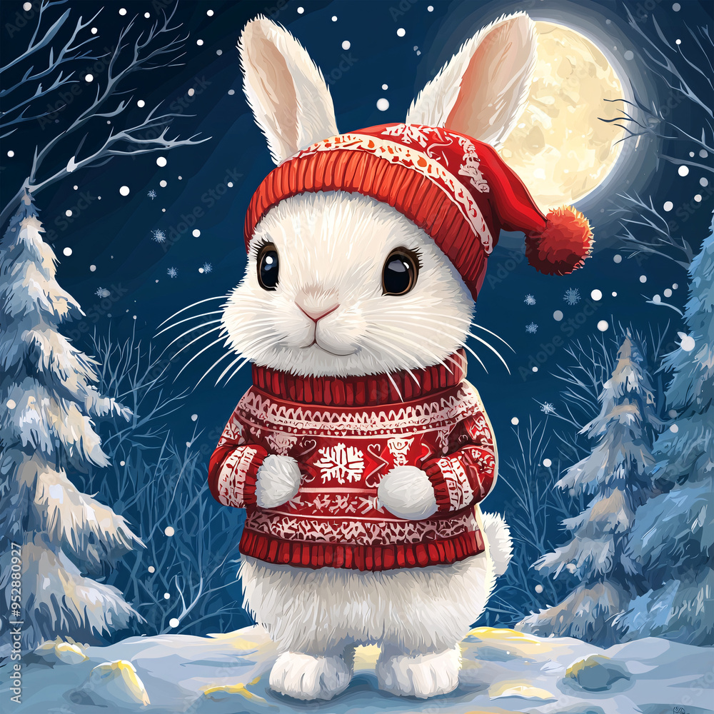 Wall mural cute bunny in winter sweater under moonlight adorable illustration of a white bunny wearing a red wi