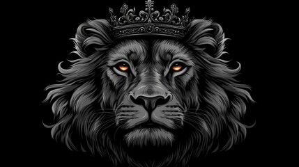 Majestic, detailed lion with glowing eyes, adorned with an ornate crown against a black background