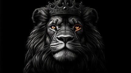 Majestic lion with a piercing gaze, wearing a detailed crown against a solid black background