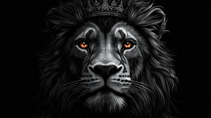 Obraz premium Majestic lion with intense orange eyes is crowned, portrayed in a detailed, monochromatic style on a black background