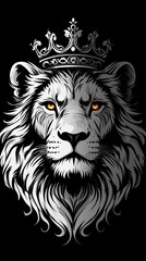 Fototapeta premium Powerful lion with glowing eyes and intricate fur details dons an ornate crown, set against a solid black background
