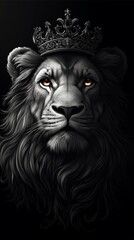 Obraz premium Detailed, monochrome illustration of a lion's head wearing an ornate crown, set against a dark background