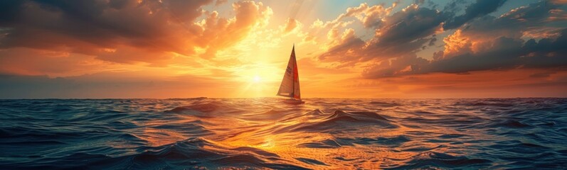 Fototapeta premium Sailboat sailing on the ocean at sunset with clouds, banner, copy space