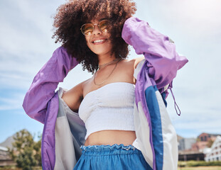 Woman, portrait and edgy in city for fashion, stylish and cool with confidence in Spain. Outdoor,...