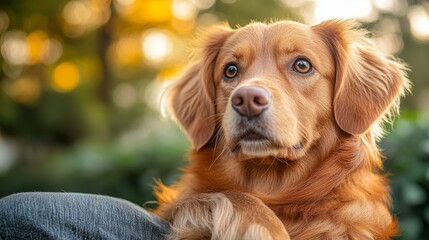 Golden retriever with expressive eyes sits close to the camera, surrounded by an outdoor setting with warm lighting