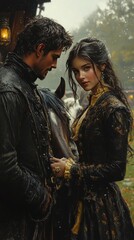 Man and woman in weathered clothing stand closely together near a horse, sharing a moment in a rustic setting