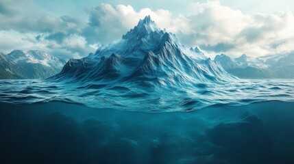 Majestic, ice-covered mountain peaks above a tranquil ocean, while its base is submerged in clear, blue water below