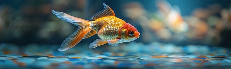Fototapeta premium Goldfish swimming in a tank with rocks, animal background, banner, copy space