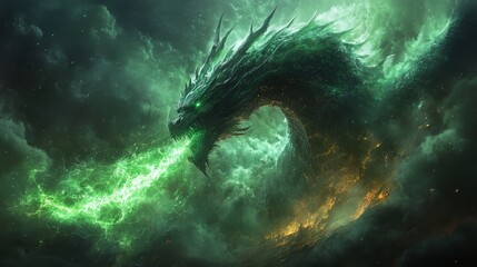 Massive, glowing green dragon breathes fiery green energy amidst a stormy, darkened sky with swirling clouds and ominous ambiance © TheGoldTiger