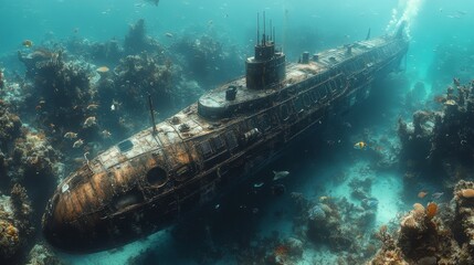 Old, rusty submarine lies submerged underwater, surrounded by vibrant coral reefs and various fish swimming around it