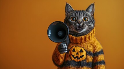 Cat wearing a pumpkin-themed sweater is holding a megaphone, standing against an orange background, looking amusingly serious