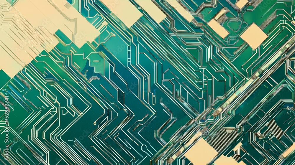 Poster mesmerizing close-up view of a circuit board, showcasing intricate processors and components in vibr