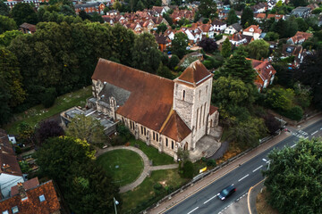 Aerial drone shot of All Saints Church in Bishops Stortford in England