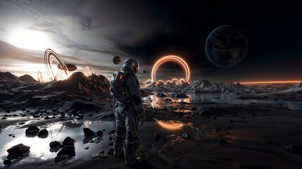 Astronaut Exploring Alien Landscape with Rings and Moons at Dusk