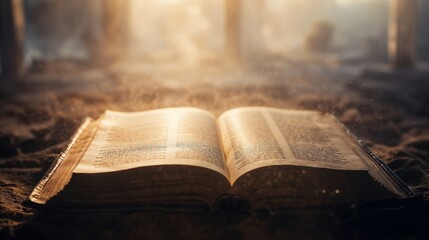 Open Ancient Book on Dusty Surface with Ethereal Sunlight Illumination