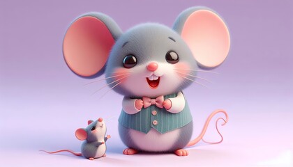 Two cute cartoon mice, one wearing a bowtie, standing on a purple background.