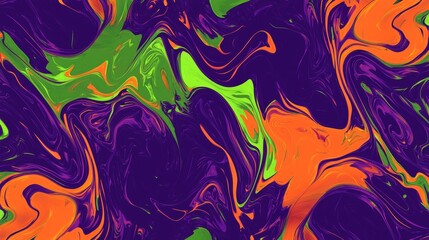 Swirling orange and green paint on purple background, creating vibrant psychedelic marble effect, perfect for modern designs