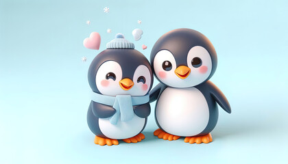 Naklejka premium Two cute cartoon penguins with hearts and snowflakes on a blue background.