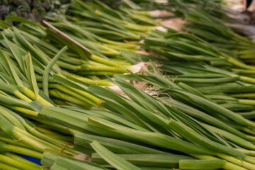 Fresh scallions on market stands
