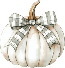 Pastel pumpkin with a green bow. Autumn pumpkin illustration. Generative AI.