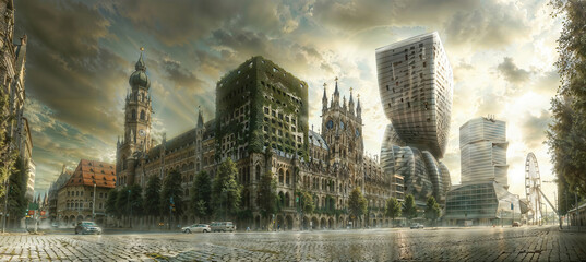 Fototapeta premium Futuristic Urban Landscape Featuring Historic and Modern Architecture