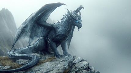 Dragon Perched on Mountaintop in Misty Landscape