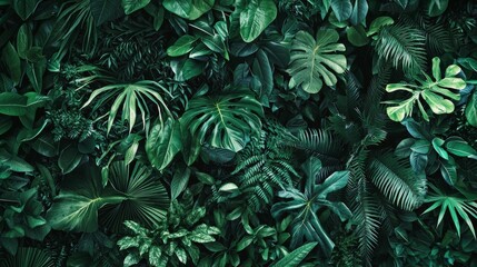 Fototapeta premium Lush green wall of tropical plants creates a refreshing background, evoking summer vibes and nature connection. Perfect for adding exotic beauty to designs