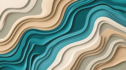 Obraz premium Abstract background with wavy stripes in shades of blue, beige and white, creating a modern and elegant design. Perfect for projects related to design, art and decoration
