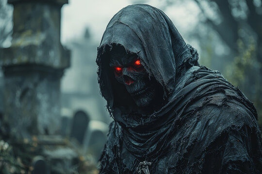 A sinister, skeletal figure with glowing red eyes and a tattered cloak, lurking in an abandoned graveyard. Concept of undead creatures and gothic horror.