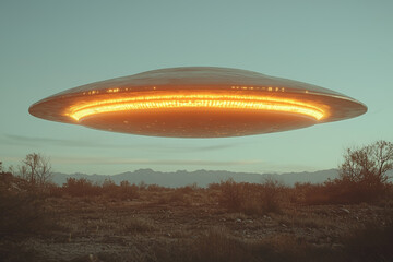 Fototapeta premium A luminous, cigar-shaped UFO moving steadily across a clear blue sky, leaving a faint trail behind. Concept of space vehicles and daylight sightings.