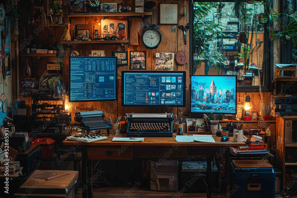 Poster a high-tech, modern computer setup with multiple screens contrasted with an old-fashioned typewriter