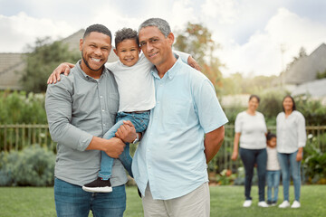 Men, generations and happy on portrait in garden on visit for bonding, support and care in Brazil....