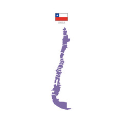 Colored (purple) silhouette map of Chile with the outline of regions. Vector illustration with a flag.